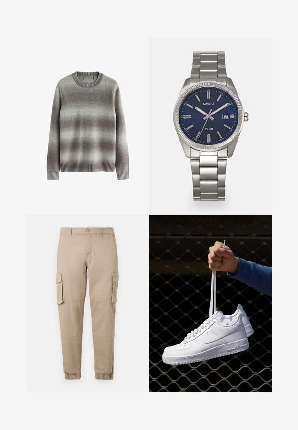 Maglione grigio realizzato in materiale morbido, con un classico collo rotondo, polsini e orlo a coste, caratterizzato da un motivo a gradiente in tonalità più chiare e più scure.; Pantaloni cargo beige in un leggero cotone. Presentano polsini elasticizzati, molteplici tasche laterali e una chiusura con bottone.; Sneakers in pelle bianca con perforazioni, punta rotonda, suola piatta e lacci spessi, con logo swoosh visibile e "AIR" sul tallone.; Orologio da polso in acciaio inossidabile argento con quadrante blu navy, indici metallici e finestra della data alle 3. Resistente all'acqua fino a 50 metri.