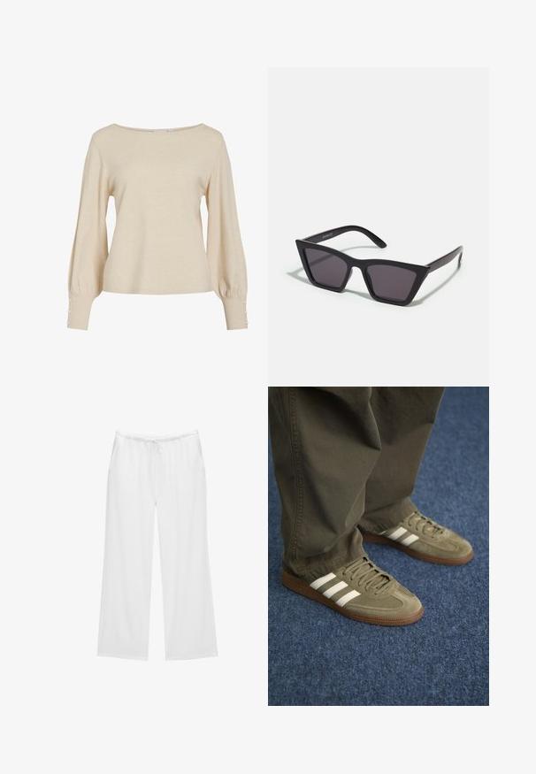 Krämfärgad stickad tröja med vid halsringning, långa puffade ärmar och knappar vid ärmsluten. Mjuk textur och avslappnad passform.; Vita vida byxor i mjukt tyg, med resårlinning och dragsko samt två sidofickor. Enkel och ren design.; Gröna mockaskor med tre vita ränder, brun gummisula och texturerade snörningar, kombinerade med olivgröna byxor på en blå matta.; Svarta, vinklade solglasögon med grå linser; tillverkade av plast, med tjocka skalmar med en slät yta och utan synlig hårdvara.