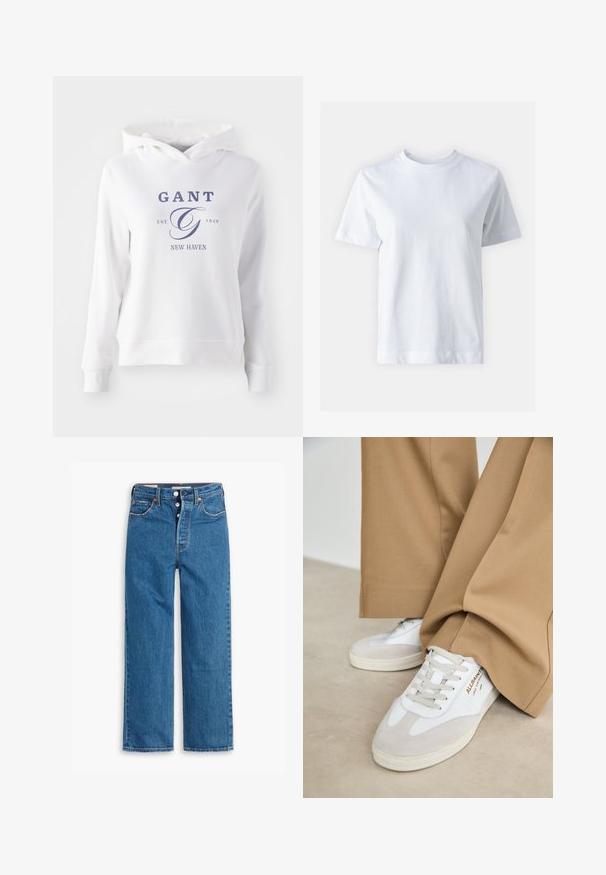 Hvid hættetrøje med en frontkangaroo lomme, der har marineblå tekst, som står "GANT EST. 1949 NEW HAVEN" og et stort, stiliseret "G" logo.; Hvid bomulds t-shirt med rund halsudskæring, korte ærmer, lige snit og glat tekstur. Ingen mønstre eller dekorationer.; Blå denim lige ben jeans med høj talje, fem lomme design og knaplukning. Markante syninger og kobberfarvede nitter.; Hvide sneakers med ruskinddetaljer, strukturerede snørebånd og gummisål. Kombineret med løse, brune bukser. Logoet er vist på siden.