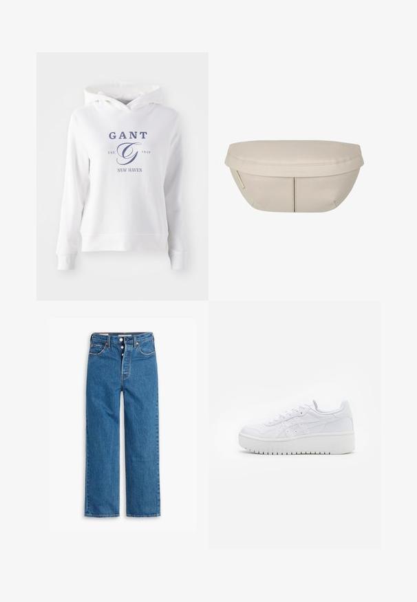 Weißer Hoodie mit einer vorderen Kängurutasche, versehen mit navyblauem Text, der "GANT EST. 1949 NEW HAVEN" lautet, sowie einem großen, stilisierten "G"-Logo.; Blaue Denim-Jeans mit geradem Bein, hoher Taille, fünf Taschen und Knopfverschluss. Auffällige Nähte und Nieten in Kupferfarbe.; Weiße Plattform-Sneaker aus glattem Leder mit perforierten Details und flachen Schnürsenkeln; ausgestattet mit einer dicken weißen Gummisohle.; Beiger Stoffbeutel mit runder Form, flacher Oberseite und subtilen Nahtdetails. Enthält ein minimalistisches Logo und einen Seitengurt.