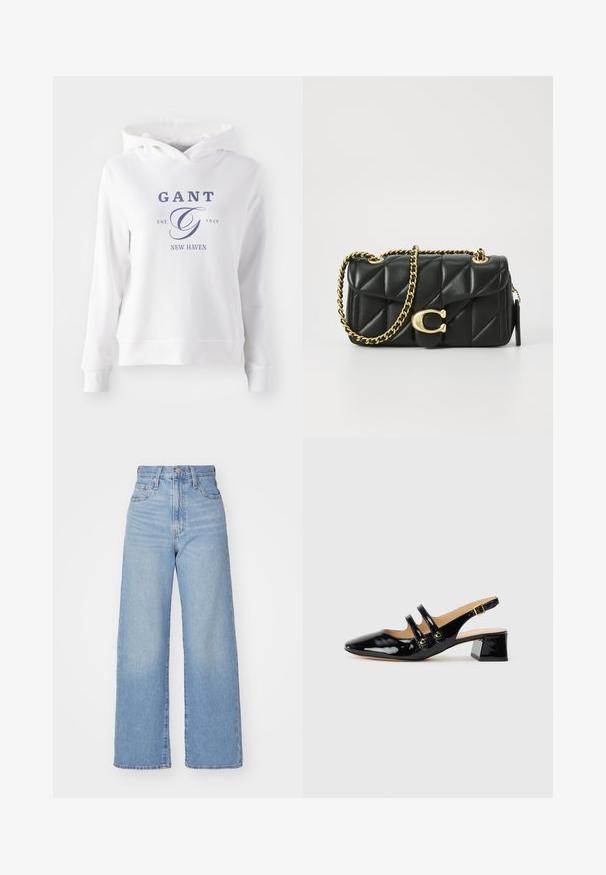 Weißer Hoodie mit einer vorderen Kängurutasche, versehen mit navyblauem Text, der "GANT EST. 1949 NEW HAVEN" lautet, sowie einem großen, stilisierten "G"-Logo.; Hellblaue High-Waist-Weite-Leg-Jeans mit Knopf- und Reißverschluss vorne, Vorder- und Rückentaschen, auf weißem Hintergrund.; Schwarzer lacklederner Slingback-Schuh mit spitzem Zehenbereich, zwei Riemendetails, goldenen runden Akzenten und niedrigem Blockabsatz.; Schwarze, gesteppten Lederhandtasche mit einer goldfarbenen Kettenriemen und einem Drehverschluss, der mit einem runden Akzent verziert ist. Kompakte rechteckige Form.