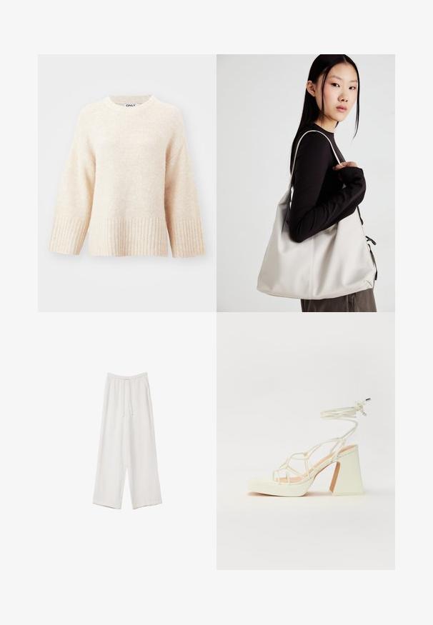 ONLY ONLMAGGIE LIFE LOOSE O NECK - Pulover - birch melange; Bele široke hlače iz lahkega materiala. Imajo elastičen pas s vrvico in stranske žepe. Gladka tekstura.; Bela sandala na visokih petah s debelim petam, ki ima obliko trakcev in vezanje okoli gležnja. Gladka tekstura z platformo spredaj za dodatno višino.; Bežna torbica iz mehkega materiala, z ohlapno zasnovo, šivi in dvema naramnicama. Primerna za vsakodnevno uporabo.