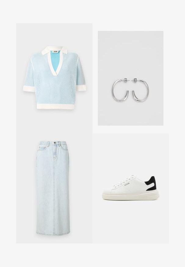 Jasnoniebieska siatkowa koszulka polo z krótkim rękawem, z białym kołnierzykiem i mankietami. Projekt w serek z teksturowanym materiałem. Metka marki: DRYKORN.; Jasnoniebieska denimowa spódnica maxi o prostym kroju, z przednim zapięciem na guziki i widocznymi szwami. Posiada dwie przednie kieszenie.; Białe skórzane sneakersy z grubą białą podeszwą, czarnym zamszowym akcentem na pięcie oraz wytłoczonym logotypem z boku. Projekt z sznurówkami i sześcioma dziurkami.; Srebrne kolczyki na biglu o gładkim, błyszczącym wykończeniu. O zaokrąglonym kształcie, lekkim designie, z zamknięciem na zatrzask.