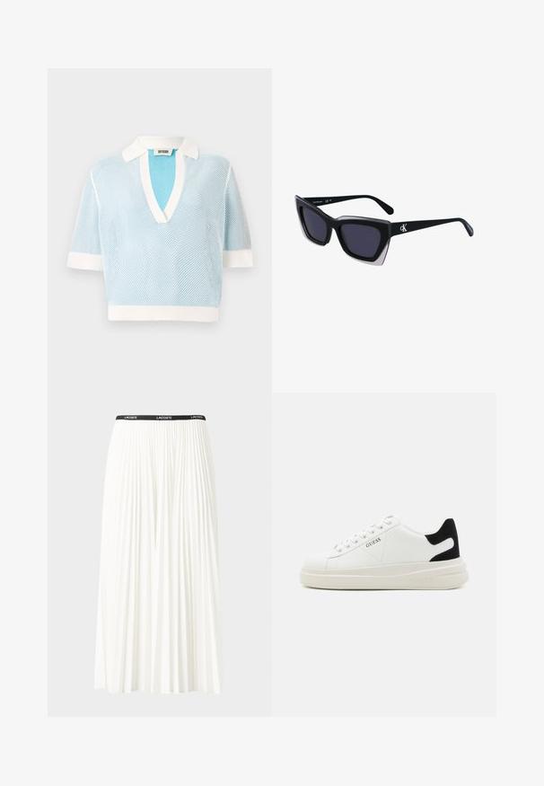 Light blue mesh polo shirt with short sleeves, featuring a white collar and cuffs. V-neck design with textured fabric. Brand label: DRYKORN.; Pleated white skirt with a black elastic waistband featuring the "LACOSTE" logo. Mid-length design with soft texture.; White leather sneakers with a thick white sole, black suede heel accent, and embossed logo on the side. Laced design with six eyelets.; Black oversized sunglasses with a geometric shape, featuring dark lenses and a contrasting grey detail on the frame. Logo on the arm.