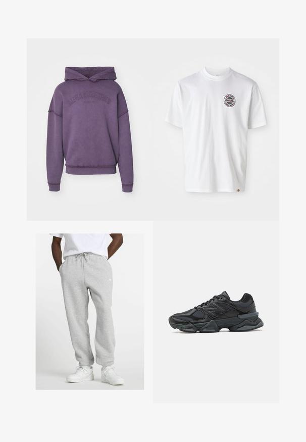 Lila Kapuzenpullover mit einer vorderen Kängurutasche, gesticktem Markenlogo sowie gerippten Bündchen und Saum. Hergestellt aus weichem, strukturiertem Stoff.; Weißes Baumwoll-T-Shirt mit rundem Logo auf der Brust. Rundhalsausschnitt, kurze Ärmel, lässige Passform, mit roten und schwarzen Akzenten.; Mann trägt hellgraue Sweatpants mit Kordelzug und weiße Sneakers, steht mit den Händen in den Taschen vor einem weißen Hintergrund.; Schwarzer Laufschuh mit einer Mischung aus Mesh- und sinthetischen Materialien, dicke Sohle, geschwungenes Design und auffälliger Markenkennzeichnung an der Seite.