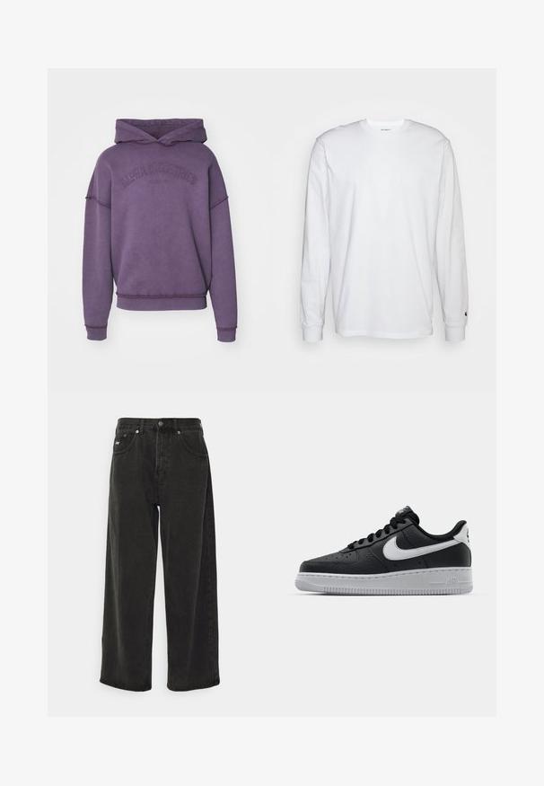 Lila kapucnis pulóver elülső kenguru zsebbel, hímzett márkájú logóval, bordás mandzsettákkal és aljjal. Puha, texturált anyagból készült.; Fehér, hosszú ujjú, pamut póló. Kerek nyakú kialakítás, bordázott mandzsetták és egy kis logó a bal ujján. Simaság jellemzi.; Obey Clothing BIGWIG BAGGY - Túlméretezett farmernadrág - black; Fekete bőr edzőcipő mintás felülettel, fehér Nike logóval, szürke talppal, kerek orral és fűzős dizájnnal. Az orr részen perforációk találhatóak.