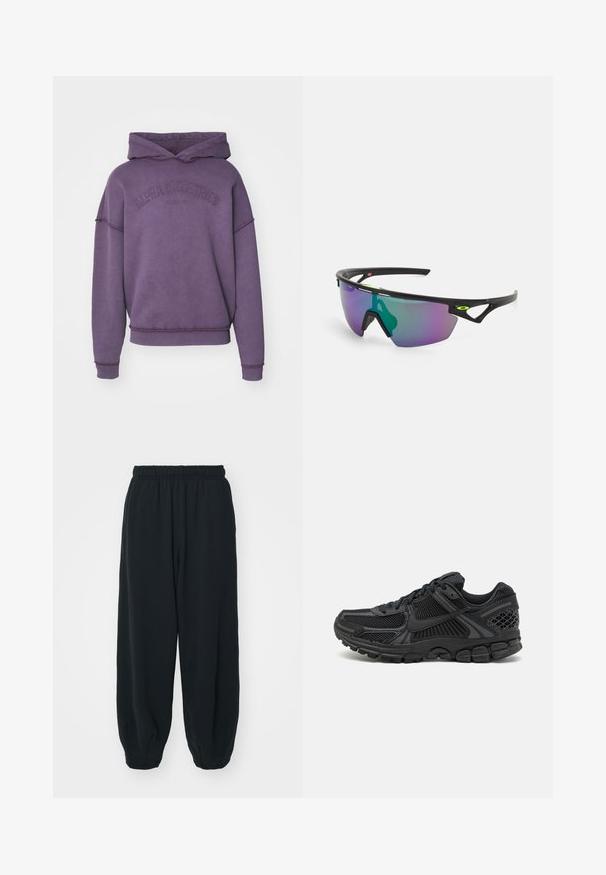 Violetinė hoodie su priekiu kengūros kišenė, išsiuvinėtas prekės ženklas, ir gipiūriniai rankogaliai bei apykaklė. Pagaminta iš minkštos, tekstūruotos medžiagos.; Juodi, su elastiniu juosmeniu sportiniai kelnės su laisvu siluetu, suapvalintais kulkšnimis, lygia tekstūra ir be matomų raštų ar metalinių akcentų.; Juoda sportinė avalynė su tinklelio viršumi, guma padu ir tekstūruotomis detalėmis. Dizainas apima išryškintą raištelių sistemą ir paminkštintą padą.; Sportiniai saulės akiniai su juodu rėmu, dideliais gradientiniais objektyvais, turinčiais purpurinių ir žalių atspalvių, bei kampuotais dizaino akcentais su logotipo detale.