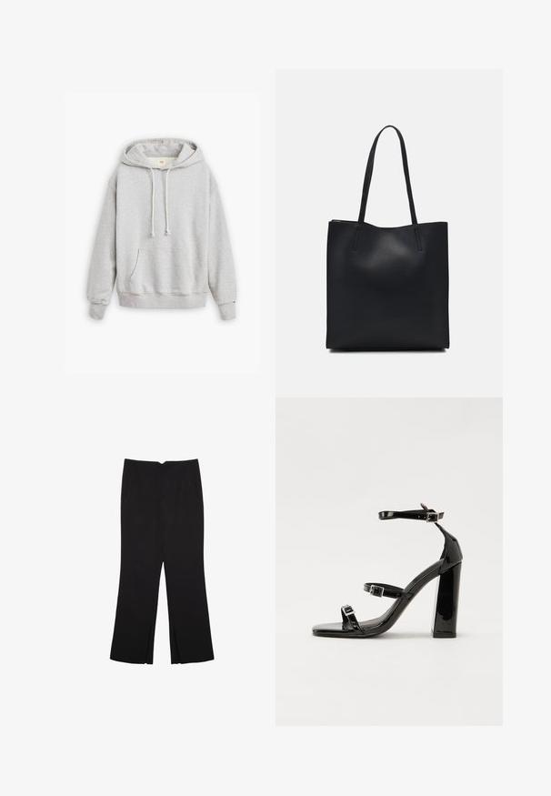 Szary hoodie wykonany z mieszanki bawełny, z kieszenią typu kangur, kapturem ze sznurkiem oraz ściągaczami przy mankietach i hemie.; Czarne spodnie o prostym kroju, z przednimi kieszeniami i bocznymi rozcięciami na dole. Wykonane z miękkiego, gładkiego materiału. Odpowiednie na różne okazje.; Czarne lakierowane sandały na wysokim obcasie, z dwoma paskami zapinanymi na klamry, kwadratowy nosek i masywny obcas typu słupek, o gładkiej, błyszczącej fakturze.; Czarna skórzana torba tote o gładkiej fakturze, prostokątnym kształcie i dwóch długich uchwytach. Brak widocznych elementów metalowych i ozdób.