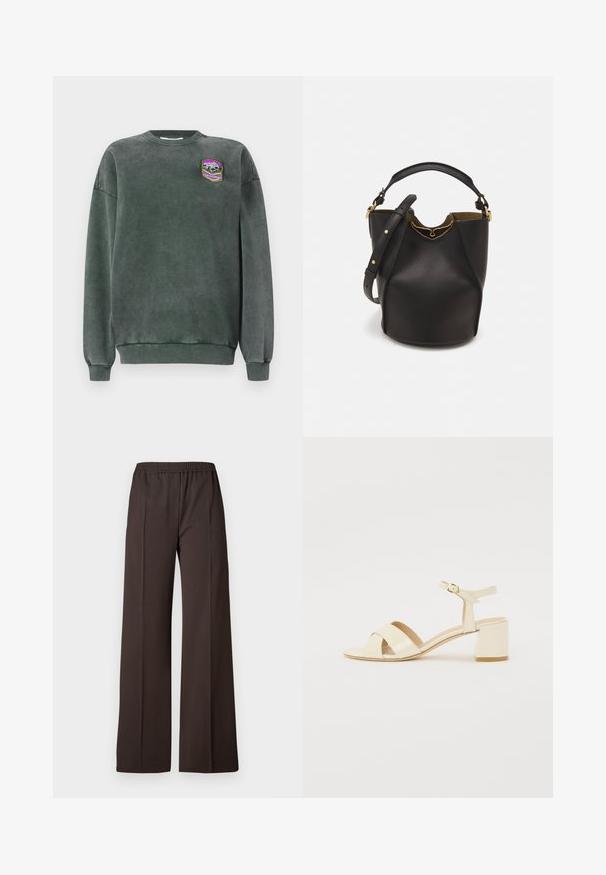 Tmavohnedá mikina s okrúhlym výstrihom a ribovanými manžetami. Na prednej strane sa nachádza nášivka s horským motívom v fialovej, bielej a žltej farbe. Má jemnú textúru.; Široké nohavice v tmavohnedej látke s elastickým pásom, s hladkou štruktúrou a čistými líniami pre upravený vzhľad.; Bežové lakované sandále na podpätku s križovým popruhom, otvorenou špičkou, nastaviteľným členkovým popruhom a blokovým podpätkom. Hladká textura.; Čierna kožená vedro taška s textúrovaným povrchom, zlatými kovovými detailami a otvoreným vrcholom. Obsahuje krátku rukoväť a nastaviteľný ramenný popruh.