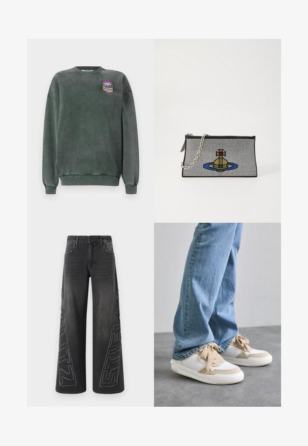 Mørkegrønn genser med rund hals og ribbestrikkede mansjetter. Har et merke med fjelldesign i lilla, hvitt og gult. Myk tekstur.; Svarte vide jeans laget av denim, med en frynset brodert grafikk på sidene og tradisjonell femlommers design.; Hvite og beige joggesko med teksturerte paneler, med beige lisser og gummisåle, kombinert med lys blå denim jeans.; Svart clutch-veske med sølvkjede, med et fargerikt perledesign av en gul ubåt omringet av en blå ring.