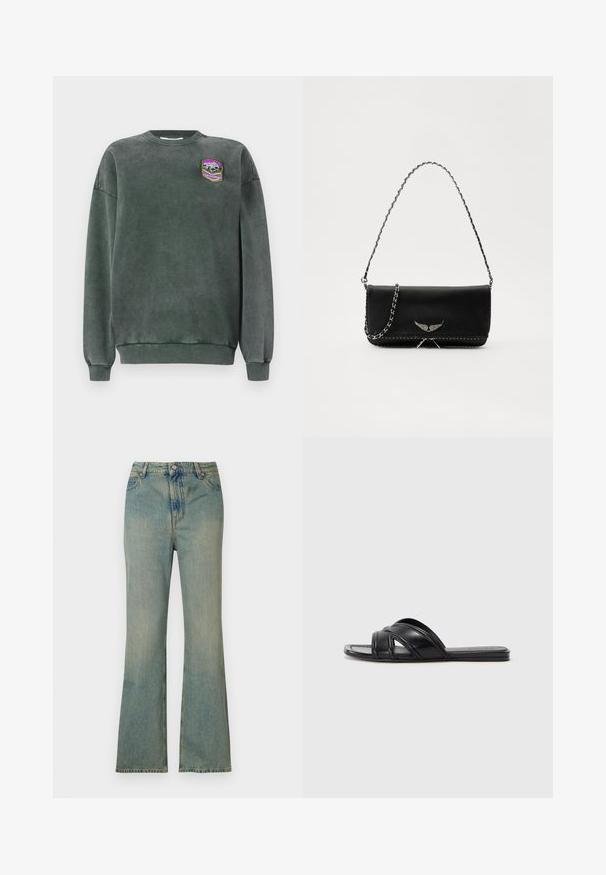 Felpa verde scuro con collo rotondo e polsini a costine. Presenta un'applicazione con un design di montagna in viola, bianco e giallo. Texture morbida.; Jeans a zampa di elefante in denim azzurro chiaro con vita alta, cinque tasche e chiusura con zip. Finitura pulita e sbiadita con dettagli di cucitura sottili.; Infradito neri con finitura in pelle liscia, dotati di cinturini incrociati e dettagli a taglio, con una suola piatta e flessibile.; Borsa a mano in pelle nera con una tracolla in catena argento, caratterizzata da decorazioni a forma di ali e cuciture bianche lungo la cucitura inferiore.