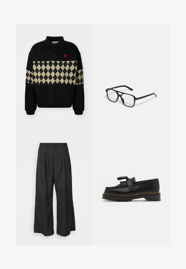 Weekday ANDRE BLOCK - Sweater - black; Zwarte gestreepte wijde broek met plooien, met een op maat gemaakt ontwerp en een zachte textuur. Geen zichtbare hardware of accenten.; Zwarte leren loafers met een franjesaccent, voorzien van een dikke zwarte zool en gele stiksels langs de rand. Gevoelige afwerking.; Zwarte rechthoekige brillen met heldere lenzen en een subtiele paarse tint, met slanke armen en een minimalistisch ontwerp.; Heideman LUCA - Ketting - silberfarben poliert