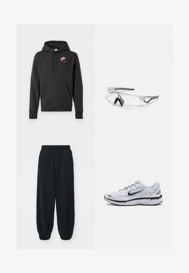 Svart Nike Air hettegenser med frontlomme, snøring i hetten, og rosa logo på brystet, vist på en enkel hvit bakgrunn.; Sorte, joggebukser med elastisk liv, løs passform, mansjetter på ankler, glatt tekstur og uten synlige mønstre eller hardware-detaljer.; Hvit løpesko med mesh-overdel, rund tå, svarte detaljer og mønstredd såle. Har snøring og merke på siden.; Klare sikkerhetsbriller med en lett, gjennomsiktig ramme og grå detaljer. Har en innpakket design og justerbar nesestykke.