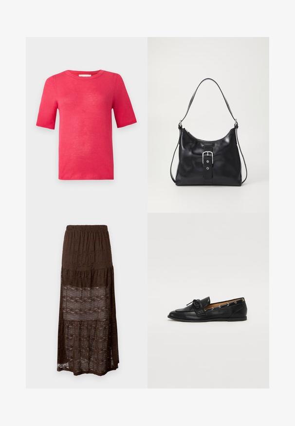 Short-sleeve, crew neck t-shirt in vibrant pink. Made from lightweight material with a smooth texture and minimal seams.; Brown lace maxi skirt with a tiered design, featuring a smocked waistband and wavy patterns throughout the fabric. Lightweight and semi-sheer.; Black leather loafers with a tied bow, featuring gold eyelet accents along the sides and a flat rubber sole. Smooth texture, classic design.; Black leather shoulder bag with a smooth texture, featuring a silver buckle accent and a zipper closure. Adjustable strap for versatility.