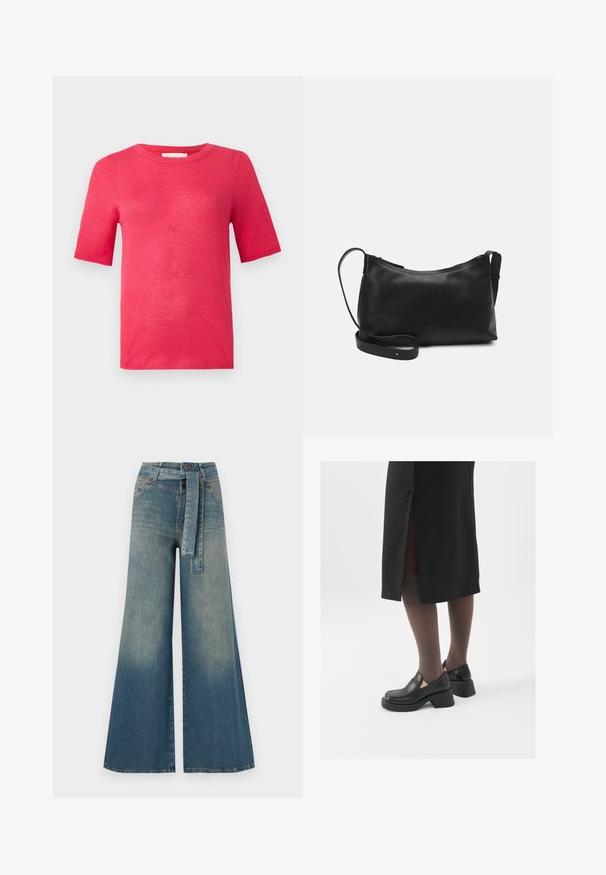 T-shirt à manches courtes et col rond de couleur rose vif. Fabriqué en matériau léger avec une texture lisse et des coutures minimales.; Pantalons en denim à jambe large présentant un dégradé de bleu clair à bleu foncé, taille haute, passants de ceinture et une ceinture en tissu assortie. Finition en denim texturé.; Chaussures noires en cuir avec un bout arrondi, un épais talon bloc et des accents latéraux élastiques, associées à des bas foncés et une jupe noire avec une fente.; Sac à épaule en cuir noir avec une texture lisse, une forme courbée, une bandoulière ajustable et une fermeture éclair. Design minimaliste sans embellissements.