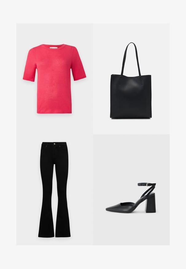 Koszulka z krótkim rękawem i okrągłym dekoltem w intensywnym różowym kolorze. Wykonana z lekkiego materiału o gładkiej fakturze i minimalnych szwach.; Czarne, wysokie dżinsy z guzikem i zamkiem błyskawicznym, z przednimi kieszeniami i rozszerzanymi nogawkami, leżące płasko na białym tle.; Czarne skórzane czółenka z ostrym noskiem, z paskiem na kostce i grubym obcasem. Gładka faktura, elegancki design i minimalistyczna estetyka.; Czarna skórzana torba tote o gładkiej fakturze, prostokątnym kształcie i dwóch długich uchwytach. Brak widocznych elementów metalowych i ozdób.