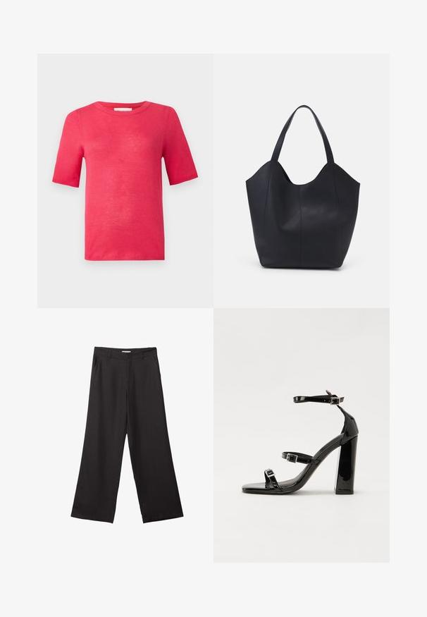 T-shirt à manches courtes et col rond de couleur rose vif. Fabriqué en matériau léger avec une texture lisse et des coutures minimales.; Pantalons larges noirs en tissu lisse, dotés d'une fermeture éclair à l'avant et de deux poches latérales, avec une coupe ajustée et un design minimaliste.; Sandales à talons vernies noires avec un bout carré, des sangles autour de la cheville et des boucles en argent. Dotées d'un talon bloc épais pour plus de stabilité.; Sac fourre-tout noir en cuir lisse, doté d'un haut ouvert et courbé avec deux brides d'épaule et un design minimaliste.