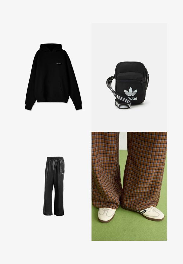 Czarna bluzka z kapturem z przednią kieszonką i małym białym logo "PEGADOR" na piersi, wyeksponowana na białym tle.; Czarne syntetyczne spodnie dresowe z elastycznym pasem, z białymi paskami po bokach i małym białym logo na lewym biodrze.; Brązowo-niebieskie spódnice w kratę o szerokich nogawkach zestawione z białymi butami z czarnymi akcentami i teksturowaną podeszwą, na tle zielonego tła.; Czarna torba crossbody wykonana z materiału, z zamknięciem na zamek błyskawiczny, z białym logo Adidas oraz regulowanym paskiem w paski, co ułatwia noszenie.