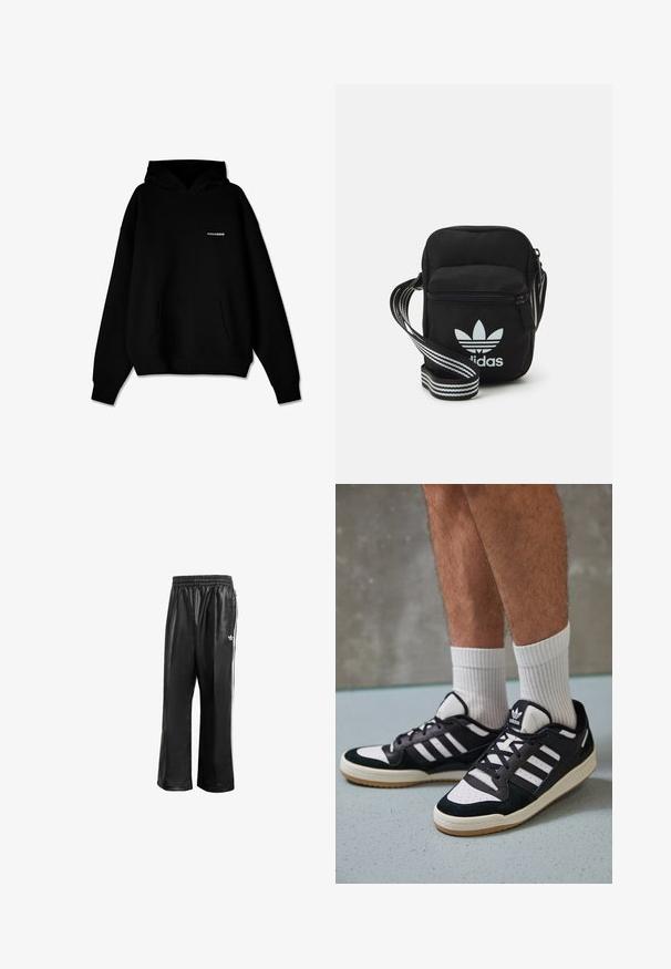 Zwarte hoodie met een voorzak en een klein wit "PEGADOR" logo op de borst, weergegeven op een witte achtergrond.; Zwarte synthetische trainingsbroek met een elastische tailleband, voorzien van witte zijstrepen en een klein wit logo op de linkse heup.; Zwart-witte sneakers met een bovenwerk van suede en leer, voorzien van drie witte strepen, een geperforeerde neus en een rubberen gumzool.; Zwarte stoffen schoudertas met een ritssluiting, voorzien van een wit Adidas-logo en een gestreepte, verstelbare schouderband voor gemakkelijk dragen.