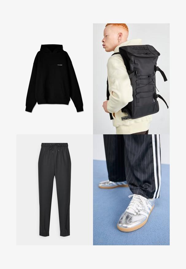 Melnā kapucēta džemperis ar priekšējo kabatu un mazu baltu "PEGADOR" logotipu uz krūts, attēlots uz balta fona.; Melni sporta bikses, kas izgatavotas no mīksta, elastīga materiāla. Tām ir elastīga josta ar auklu, tievējo kāju forma un aproces pie potītēm.; Metāliski sudraba sporta apavi ar baltām auklām un trim baltām svītrām, savienoti ar melnām svītrainām biksēm. Gumijas zole apakšā.; Melnā mugursoma ar izteiktu dizainu, ar teksturētu apdari, regulējamiem siksnām un elastīgām priekšējām virvēm papildu uzglabāšanai.