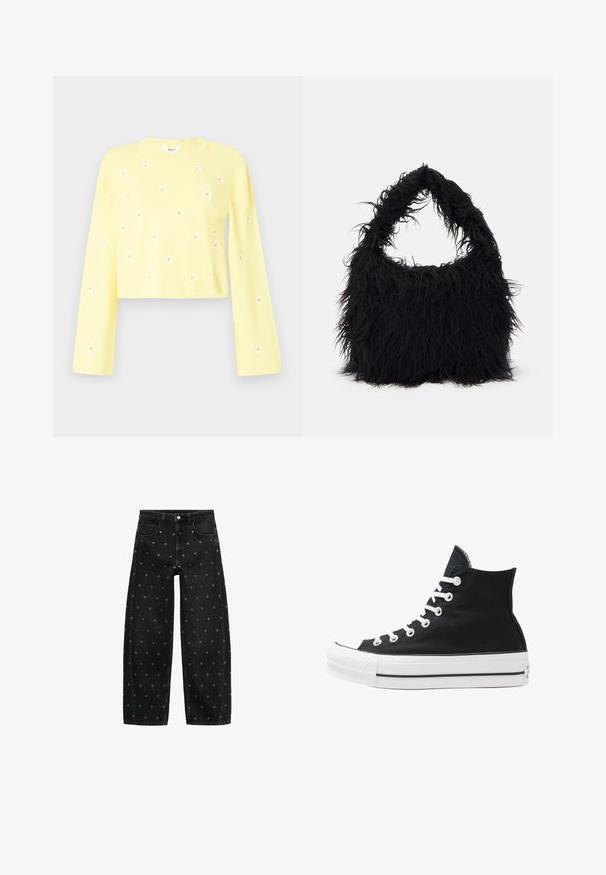 Object OBJTHESS WIDE SLEEVE PULLOVER - Jumper - lemon meringue/white; Black denim wide-leg jeans featuring a pattern of small silver grommets, with a classic five-pocket design and button front closure.; High-top black canvas sneaker with white eyelets, laces, and rubber sole. Features a textured toe cap and black and white stripe accents.; Even&Odd Tote bag - black