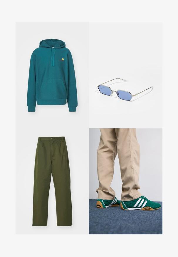 Sweat à capuche teal avec une poche avant, cordon de serrage à la capuche et logo brodé en jaune et rouge. Fabriqué à partir d'un tissu doux et texturé.; Pantalons verts olive, taille haute avec un design à jambe droite. Fabriqués dans un tissu léger, avec des plis à l'avant et une fermeture à bouton.; Baskets vertes matelassées avec des rayures blanches et des semelles en caoutchouc marron, associées à un pantalon beige. Le design présente un profil bas et un matériau texturé.; Lunettes de soleil hexagonales avec des verres bleus et une fine monture en métal argenté. Elles présentent des branches fines et des plaquettes de nez transparentes pour le confort.