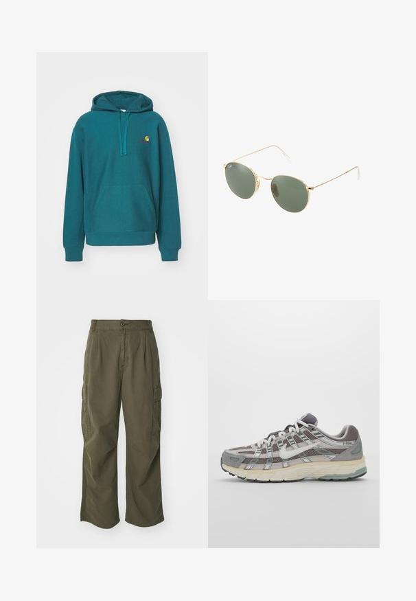 Türkise Kapuzenjacke mit einer Fronttasche, Kordelzug-Kapuze und gesticktem Logo in Gelb und Rot. Hergestellt aus weichem, strukturiertem Stoff.; Cargo-Hosen in Olivgrün, aus Baumwolle, mit weitem Bein, Falten und seitlichen Taschen für Funktionalität.; Grauer Sportschuh mit einem Obermaterial aus Mesh und Wildleder, weißen Akzenten, einer gepolsterten Sohle und einem charakteristischen Design mit reflektierenden Elementen.; Sonnenbrille mit goldfarbenem Metallrahmen und grünen Gläsern, runder Form, dünnen Bügeln und weißen Kunststoffakzenten an den Enden der Bügel.