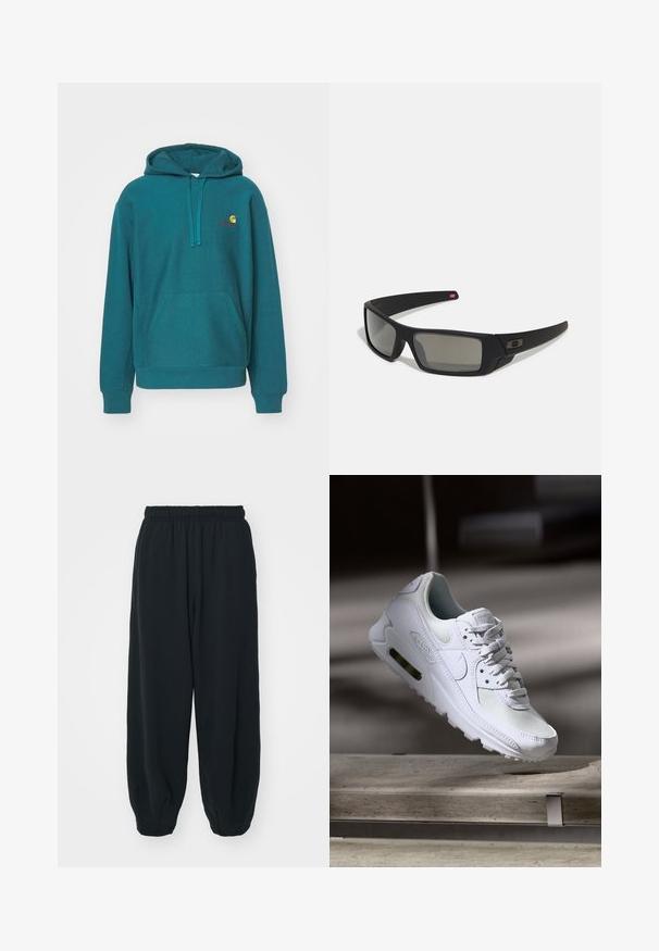 Teal hættetrøje med en frontlomme, snorhætte og broderet logo i gul og rød. Fremstillet af blødt, struktureret stof.; Sorte svedbukser med elastisk talje, løs pasform, afsluttede ankler, glat tekstur og uden synlige mønstre eller hardware-detaljer.; Hvide Nike Air Max 90 sneakers med en overdel i mesh og læder, perforeret tåboks og en synlig luftenhed i hælen.; Sorte solbriller med mat finish, rektangulære linser, let kurve ved templerne, diskret logo detaljer og røgfarvede linser.