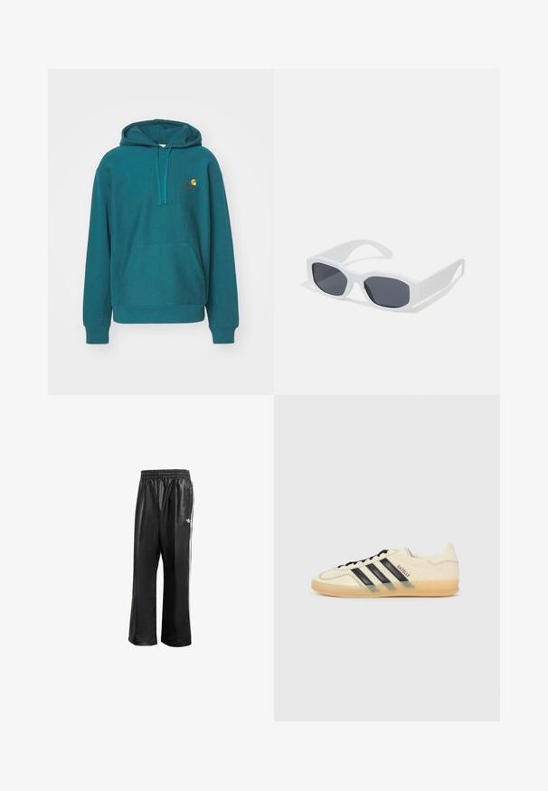 Tirkizna dukserica s kapuljačom, prednjim džepom i izvezenim logom u žutoj i crvenoj boji. Napravljena od mekane, teksturirane tkanine.; Crne sintetičke trenirke s elastičnom waistbandom, sa bijelim bočnim prugama i malim bijelim logoom na lijevom kuku.; Svijetlosmeđi tenisice s crnim dizajnom tri pruga, teksturirana gornja strana, okrugli vrh i đon od gume. Ima vezice i brendiranje sa strane.; Bijele pravokutne sunčane naočale s tamnim lećama, glatkom mat završnom obradom i debelim nogicama s kutnim dizajnom.