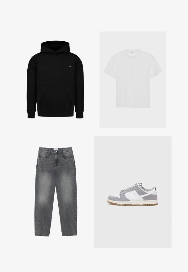 Černá mikina vyrobená z bavlněné směsi, s klokaní kapsou, ribovanými manžetami a malým logem na hrudi.; Bílý bavlněný tričko s krátkými rukávy, kulatým výstřihem a volným střihem. Hladká textura a žádné viditelné vzory ani akcenty.; Kalhoty s vysokým pasem, volného střihu, vyrobené z vybledlého černého denimu. Mají pět kapes, poutka na opasek a čistý, rovný střih nohavic.; Šedé a bílé tenisky s svrškem z jemné kůže a kůže, kulatou špičkou, plochými tkaničkami a gumovou podrážkou s akcentem v barvě gumy.