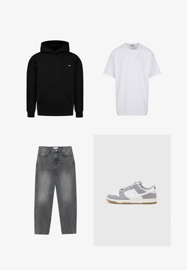 Sudadera negra de tejido de mezcla de algodón, con un bolsillo tipo canguro, puños acanalados y un pequeño logo en el pecho.; Camiseta blanca de algodón con mangas cortas, cuello redondo, corte relajado y sin logotipos ni patrones visibles. Textura suave y diseño minimalista.; Jeans de cintura alta y corte holgado en denim negro desgastado. Con cinco bolsillos, pasadores para el cinturón y un diseño de pierna recta y limpia.; Zapatilla gris y blanca con parte superior de ante y cuero, puntera redondeada, cordones planos y suela de goma con un acento de goma.