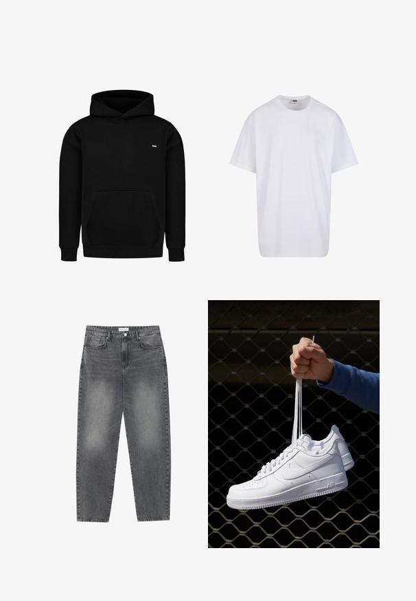 Felpa nera con cappuccio realizzata in un mix di cotone, con tasca a marsupio, polsini a costine e un piccolo logo sul petto.; Maglietta bianca in cotone con maniche corte, scollatura rotonda, vestibilità comoda e senza loghi o motivi visibili. Texture liscia e design minimale.; Jeans a vita alta, dal taglio ampio in denim nero sbiadito. Presentano cinque tasche, passanti per cintura e un design dritto e pulito.; Sneakers in pelle bianca con perforazioni, punta rotonda, suola piatta e lacci spessi, con logo swoosh visibile e "AIR" sul tallone.