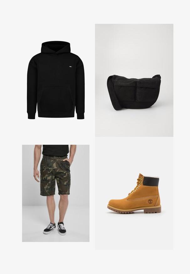 Černá mikina vyrobená z bavlněné směsi, s klokaní kapsou, ribovanými manžetami a malým logem na hrudi.; Camo cargo šortky s cargo kapsami, vyrobené z tkané látky v zelených a hnědých odstínech. Vyzbrojené černými teniskami s bílými tkaničkami.; Hnědá kožená kotníková bota s kovovými očka, bílou kožešinovou podšívkou, černým polstrovaným límcem, robustní podrážkou a raženým logem na boku.; Černá kordurová crossbody taška s nastavitelným popruhem, která má přední kapsy a měkkou texturu. Kompaktní design s minimálním zdobením.