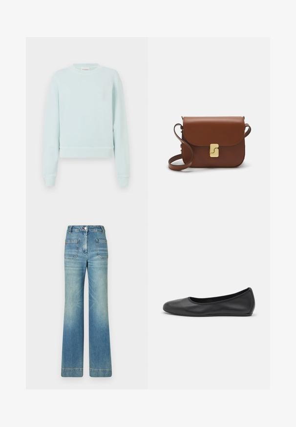CLOSED Sudadera - light sky blue; Camiseta de manga corta blanca hecha de tela de canalé. Cuello redondo, corte regular y detalles de costura sutiles. Sin patrones ni gráficos.; Jeans de mezclilla de tiro alto en azul claro, con perneras acampanadas, cinco bolsillos, pasadores para cinturón, cierre de botón y una textura ligeramente desgastada, que cuenta con un detalle del logo en rojo en la parte posterior.; Bailarina de piel negra con punta redondeada, textura suave, detalle de costura minimalista y diseño de suela flexible.; Bolso de mano de cuero marrón con cierre de solapa, herrajes en tono dorado, correa para el hombro y una textura suave. Forma rectangular compacta.