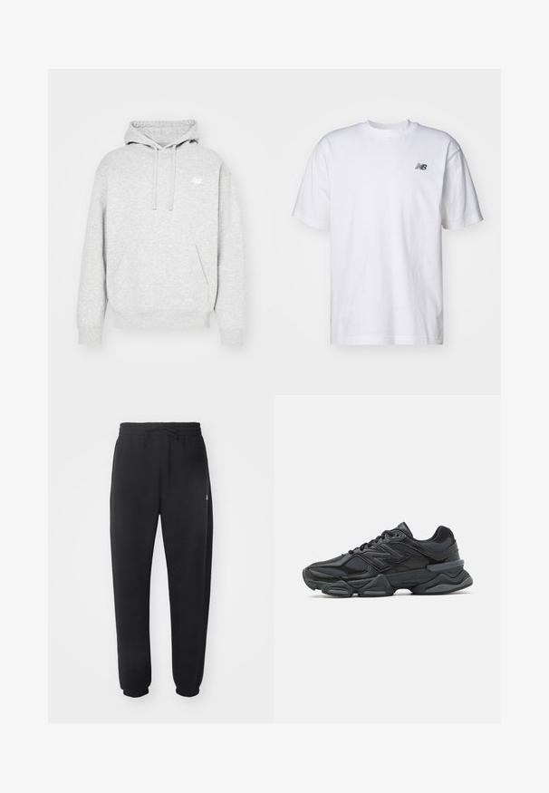 Grå bomullshuvtröja med en framficka, dragsko på huvan och diskret logo på bröstet. Har ribbade mudd och nederkant.; Vit kortärmad T-shirt med rund halsringning och en liten svart New Balance-logotyp på vänster bröst, mot en enfärgad bakgrund.; Svarta sweatpants gjorda av mjukt material med elastisk midja, snörning och smalnande mudd, med en subtil logotyp på sidan.; Svart löparsko med en kombination av mesh och syntetiska material, kraftig sula, rundad design och framträdande varumärkning på sidan.
