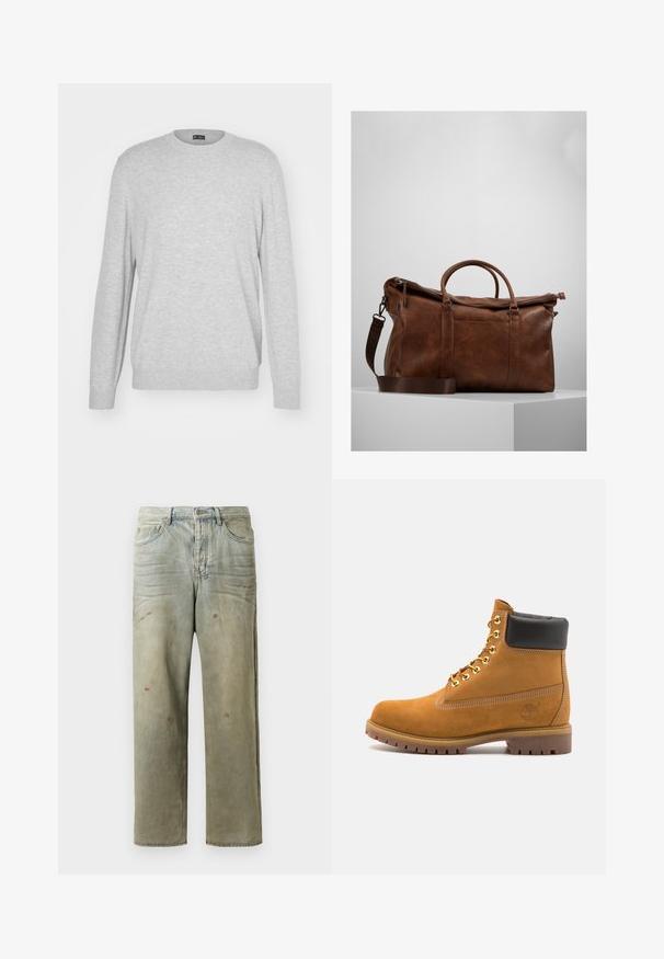 GAP CASHSOFT CREW - Džemperis - mottled grey; Izsistās džinsās gaisā zaļā krāsā, ar taisnu kāju, piecu kabatu dizainu un nevienmērīgu izbalēšanu, kā arī krāsas šļakatas.; Brūna zamša potīte ar melnu izšuvumu ap kaklu, zelta metāla acu caurumi, balta šuvju apdare un izturīgs gumijas zole ar izteiktu zīmējumu.; Brūna ādas ceļojumu soma ar rāvējslēdzēju, dubultām rokturiem, regulējamu plecu siksnu un redzamām tekstūras rakstu zīmēm virsmā.