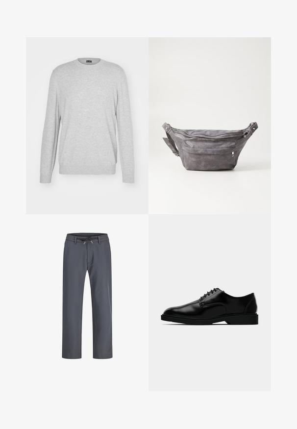 GAP CASHSOFT CREW - Pulover - mottled grey; Sive, elastične hlače z gumico in vezalko. Ravnina noge, izdelane iz gladkega materiala, imajo minimalne šive in brez vidne strojne opreme.; Črne usnjene oblečne čevlje z gladko površino, okroglim nosom, zavezovanjem in diskretnim gumijastim podplatom za oprijem.; Sivkasta zamšasta torbica s okroglo obliko, dvema žepoma na zadrgo in nastavljivim trakom. Ima kovinske dodatke.