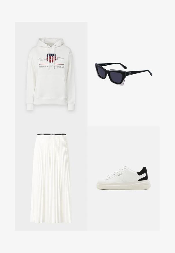Bijela pamučna dukserica s prednjim kenguruvim džepom, podesivim vezicama i grafičkim logotipom u crvenoj, plavoj i sivoj boji.; Nabrana bijela suknja s crnim elastičnim pojasom na kojem se nalazi logo "LACOSTE". Srednje dugačak dizajn s mekim teksturom.; Bijele kožne tenisice s debelim bijelim potplatom, crnim zamšastim akcentom na peti i ugraviranim logom sa strane. Dizajn s vezicama i šest rupa za vezivanje.; Crne oversize sunčane naočale geometrijskog oblika, s tamnim staklima i kontrastnom sivom dekoracijom na okviru. Logo na dršci.
