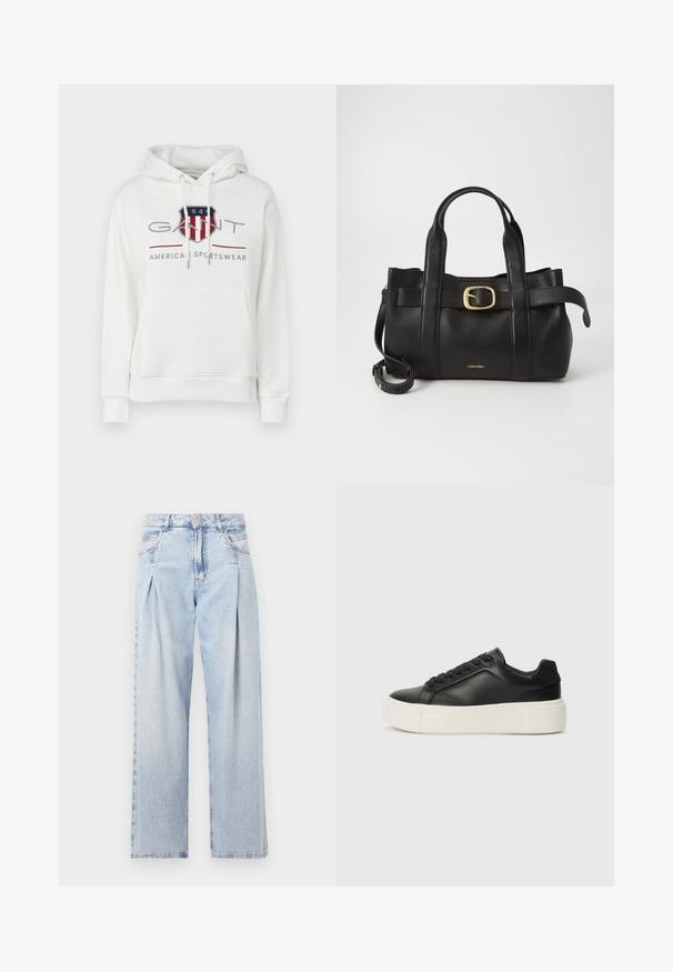 Hvid bomulds hættetrøje med en front kangaroo lomme, justerbare snore og et grafisk logo i rød, blå og grå.; Lyseblå denim jeans med høj talje, bred benåbning, to sidelommer og plisseret design. Blød tekstur med et falmet finish.; Sort lædersneaker med rund tå, hvid platformssål og sorte snørebånd. Har et diskret logo på hælen og en glat overflade.; Sort læderhåndtaske med et struktureret design, dobbelte toppegreb, guldtonet spændeaccents og præget logo på forsiden.