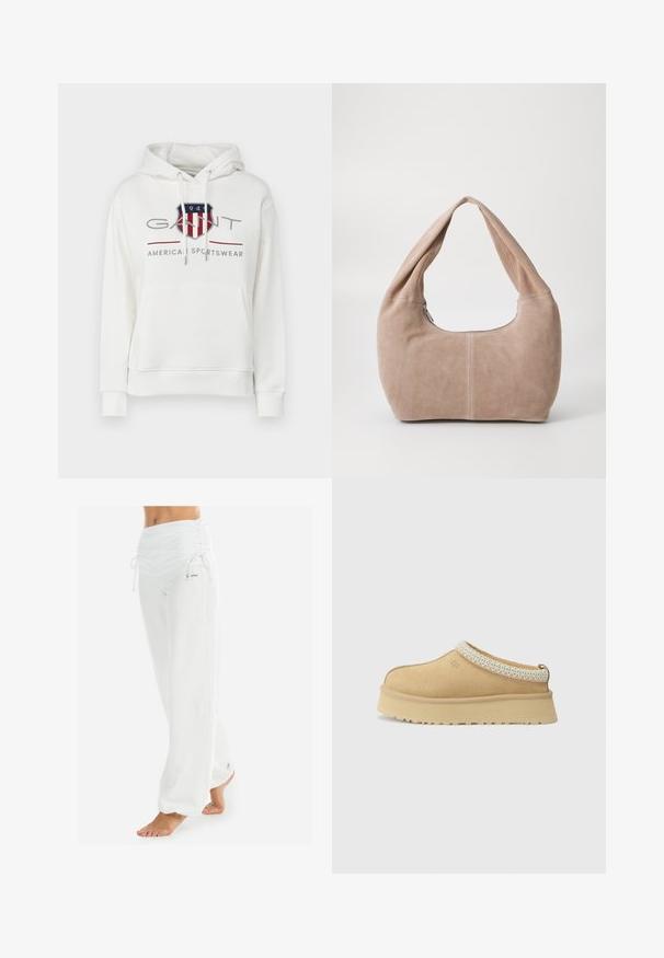Felpa bianca in cotone con tasca a marsupio frontale, cordini regolabili e logo grafico in rosso, blu e grigio.; Pantaloni bianchi larghi con vita arricciata e cordoncino. Tessuto morbido con cuciture laterali, progettati per comfort e mobilità.; Scarpa slip-on in suede color sabbia con colletto imbottito e accento in tessuto blu chiaro testurizzato. Presenta una suola spessa e resistente con battistrada decorato.; Borse hobo realizzata in morbido materiale scamosciato di colore beige chiaro. Caratterizzata da una forma arrotondata con una tracolla ampia e chiusura con zip.