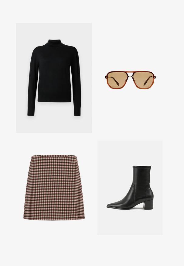 Czarny sweter z wysokim kołnierzem, z długimi rękawami, wykonany z gładkiej dzianiny. Posiada dopasowaną talię oraz prążkowane mankiety i dół.; Czerwona i jasnokremowa mini spódnica w kratę o prostym kroju i fakturowanej tkaninie. Brak widocznych zapięć lub ozdób.; Czarny botek za kostkę wykonany z gładkiej skóry, z szpiczastym noskiem, słupkowym obcasem oraz wyraźnym podniesionym szwem na górnej krawędzi.; Brązowe ośmiokątne okulary przeciwsłoneczne z przezroczystą bursztynową oprawką i brązowymi soczewkami. Posiadają metalowy akcent na nosku oraz smukłe zauszniki.; Brązowa zamszowa torba tote z podwójnymi uchwytami, zapięciem na guzik oraz luźnym, lekko opadającym kształtem.