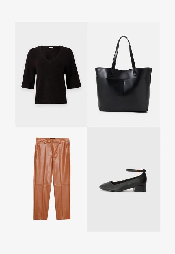 Μαύρο πλεκτό πουλόβερ με V-ντεκολτέ, κοντά μανίκια και άνετη εφαρμογή. Μαλακή υφή με ραμμένα σχέδια στο τελείωμα και στα μανίκια.; Καφέ ψεύτικο δερμάτινο παντελόνι με κομψή εφαρμογή, που διαθέτει μπροστινές πτυχώσεις και ίσια πόδια. Λείος υφασμάτινος χαρακτήρας χωρίς ορατά μεταλλικά στοιχεία ή διακοσμήσεις.; Μαύρο δερμάτινο τακούνι με μυτερή μύτη και χαμηλό τετράγωνο τακούνι. Διαθέτει λουράκι στον αστράγαλο με χρυσό τόνο πόρπη. Λείο υφή.; Μαύρη δερμάτινη τσάντα tote με δύο μακριούς ιμάντες, λεία υφή και δομημένο σχήμα. Διαθέτει μπροστινή τσέπη για επιπλέον αποθήκευση.