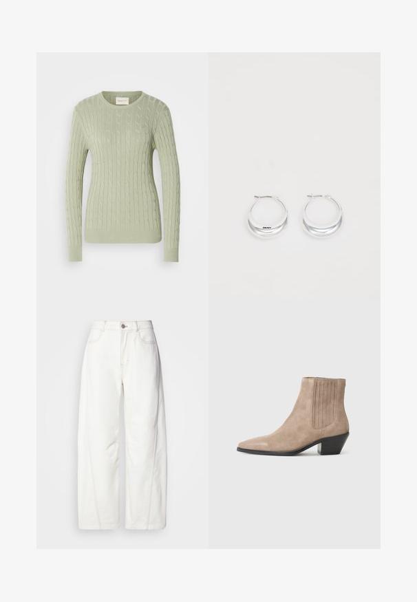 Hellgrüner Strickpullover mit Rundhals, langen Ärmeln und gerippten Bündchen. Verfügt über ein kleines Logo auf der Brust.; Weiße weite Jeans aus Denim mit sichtbaren Nähten. Verfügt über einen Knopfverschluss und eine leichte Textur. Taschen auf der Vorderseite.; Beige Wildleder Stiefelette mit spitzer Zehenform und geformtem Absatz, versehen mit vertikalen Nahtakzenten an den Seiten.; Silberne Creolen mit glänzender Oberfläche und DKNY-Logo, vor einem schlichten weißen Hintergrund präsentiert.