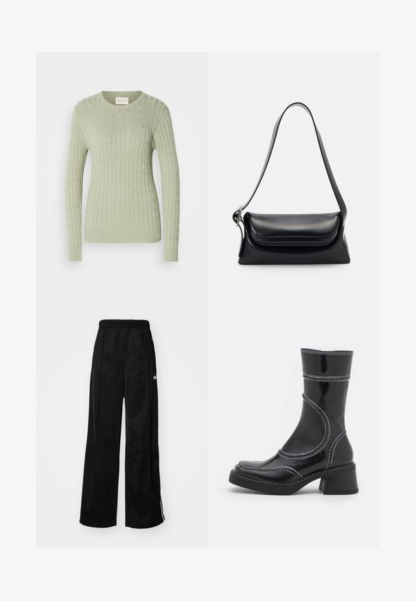 Lysegrønn kabelstrikket genser med rund hals, lange ermer og ribbestrikkede mansjetter. Har en liten logo på brystet.; Sorte bredde bukser med elastisk midje, med hvite sidestreker og en liten logo på venstre hofte. Glatt stofftekstur.; Svart patentlær ankle boot med hvite sømmer, rund tå og blokkhelt. Har buede designlinjer og en glatt tekstur.; Svart lærveske med en strukturert form, en jevn tekstur og en enkelt skulderrem. Har et subtilt, avrundet klaffdesign.