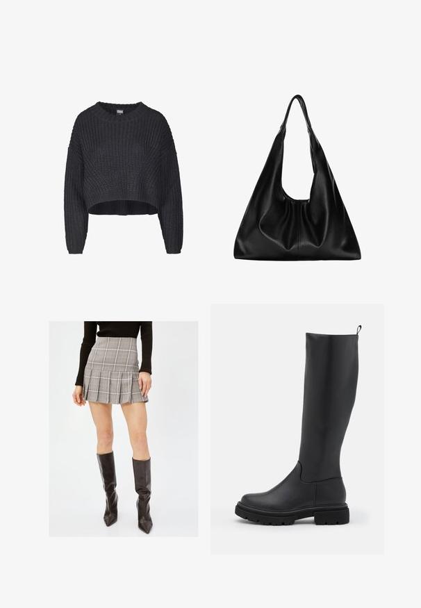 Gekürzter schwarzer Strickpullover mit strukturiertem Stoff, Rundhalsausschnitt und locker sitzenden langen Ärmeln.; Grau karierten Minirock mit Falten, der vertikale und horizontale Linien in Schwarz, Weiß und Rot aufweist. Kombiniert mit schwarzen kniehohen Stiefeln.; Schwarzer kniehoher Stiefel aus glattem, mattem Material mit einer massiven Sohle, runder Zehe und einer Ziehlasche an der Oberseite für einfaches Anziehen.; Schwarze Leder-Hobo-Tasche mit einer weichen, geschwungenen Form. Sie verfügt über einen breiten Oberhandgriff und Falten an der Basis für eine lässige Textur.