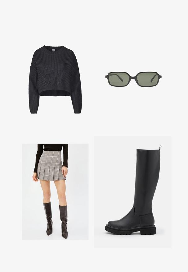 Maglione nero a maglia tagliato, caratterizzato da un tessuto testurizzato, scollo rotondo e maniche lunghe oversize.; Gonna mini a quadri grigia con pieghe, caratterizzata da linee verticali e orizzontali in nero, bianco e rosso. Abbinata a stivali neri al ginocchio.; Stivale nero al ginocchio in materiale liscio e opaco, con suola spessa, punta rotonda e un manico nella parte superiore per una facile vestibilità.; Occhiali da sole neri rettangolari con lenti verde scuro, caratterizzati da un design piatto, lati minimalisti e una montatura leggera per il massimo comfort.; Borsa hobo in pelle nera con una forma morbida e curvata. Presenta un ampio manico superiore e pieghe alla base per una texture morbida.