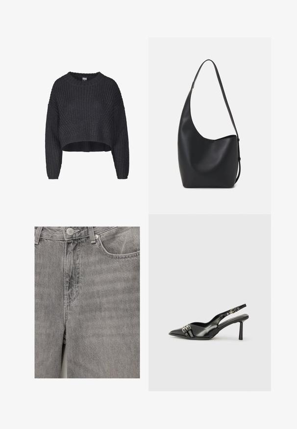 Skrajšana črna pletena jopica z teksturirano tkanino, okroglo ovratnico in ohlapno prilegajočimi dolgimi rokavi.; Sive jeansa iz denima z gladko teksturo, ki vključujejo sprednje gumb in zadrgo, stranske žepe ter subtilne šive.; Črne patentne usnjene sandale s koničastim nosom, zankami okoli gležnja s srebrnimi sponkami in opremo ter vitkimi petami.; Črna usnjena hobo torba z gladko teksturo, ukrivljeno obliko in eno nastavljivo naramnico; ima širok odprtina na vrhu.