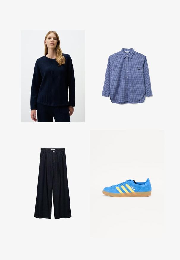 Maglione a maglia testurizzata blu navy con collo a giro e maniche lunghe, caratterizzato da una vestibilità rilassata e un orlo che cade sui fianchi.; Camicia a quadri blu con maniche lunghe, orlo arrotondato e una piccola tasca sul petto con un dettaglio grafico nero. Materiale in cotone.; Pantaloni larghi in denim scuro con vita alta, dotati di chiusura frontale con bottone, due tasche laterali e dettagli di cucitura.; Sneaker blu in suede con strisce gialle, suola in gomma, e marchio "Gazelle". Punta arrotondata e design con lacci.