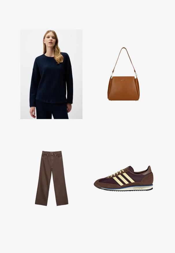 Granatowy sweter z teksturowanego dzianiny, z okrągłym dekoltem i długimi rękawami, z luźnym krojem i dnem sięgającym do bioder.; Szerokie brązowe dżinsy wykonane z denimu, z wysokim stanem, przednimi kieszeniami i klasycznym zapięciem na guzik. Gładka faktura z subtelnym przeszyciem.; Brązowe i burgundowe sneakersy wykonane z zamszu i siateczkowych materiałów, z trzema kremowymi paskami, teksturowanym materiałem na języku i gumową podeszwą.; Brązowa skórzana torebka z teksturowaną powierzchnią, z pojedynczym paskiem na ramię i subtelnym logo z przodu. Charakteryzuje się usztywnioną konstrukcją.