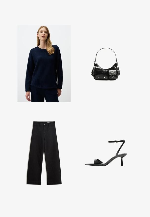 Navyblaue, strukturierte Strickjacke mit Rundhalsausschnitt und langen Ärmeln, die eine lockere Passform hat und einen Saum, der auf den Hüften endet.; Schwarze weit geschnittene Jeans mit hoher Taille, ausgestattet mit Vorder- und Hintertaschen, gesteppten Nähten und einem Knopfverschluss. Glatte Textur.; Bershka High Heel Sandalette - black; Schwarze Lackleder-Handtasche mit geschwungenem Design, einem Schulterriemen, Vordertaschen und silberfarbenen Hardware-Akzenten.